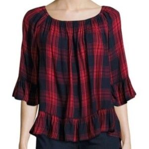 Beach Lunch Lounge Women's Red & Blue Plaid Ruffle 1/2 sleeve Blouse, size Large